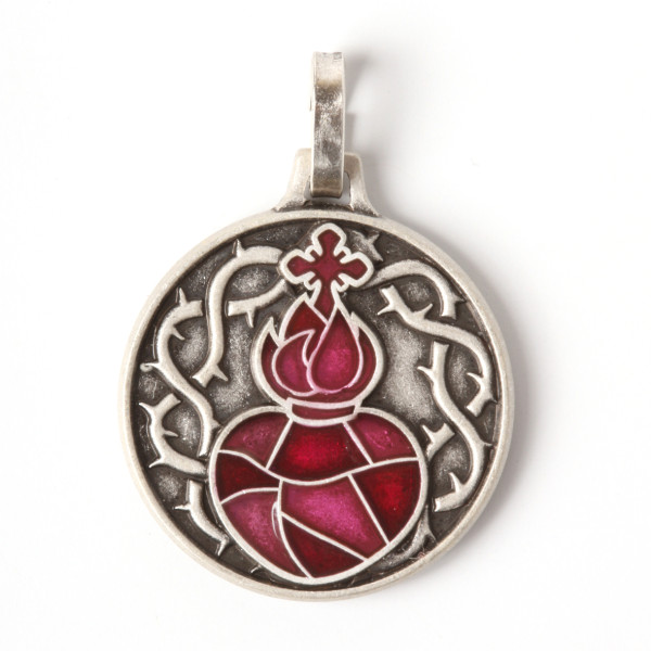 Médaille pendentif Cœur Sacré rouge argenté motif vitrail Sacré-Coeur de Montmartre