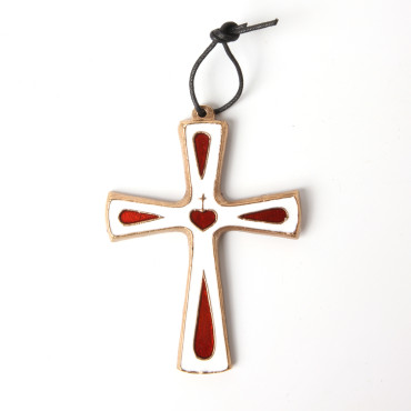 Croix en bronze blanche émaillée rouge 10 cm