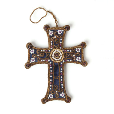 Dark blue velvet cross with beads