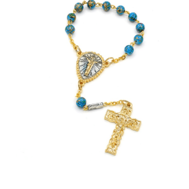 Dizainier Christ perles de verre peinte doré et bleu