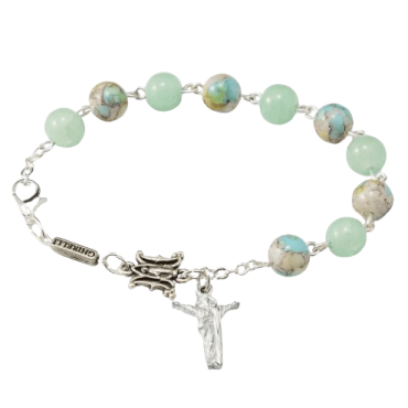 Green and blue painted glass bead Christ bracelet