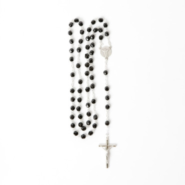 Elegant Silver Rosary with Black Glass Beads