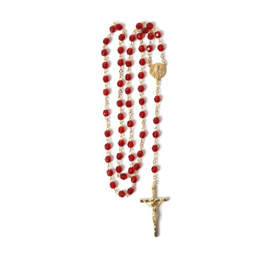 Sacred Heart rosary golden beads transparent red glass beads and a cross